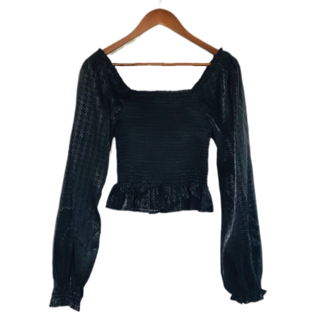 Wayf Black Hounstooth Long Sleeve Smocked Peasant Top Witchy Goth Small New